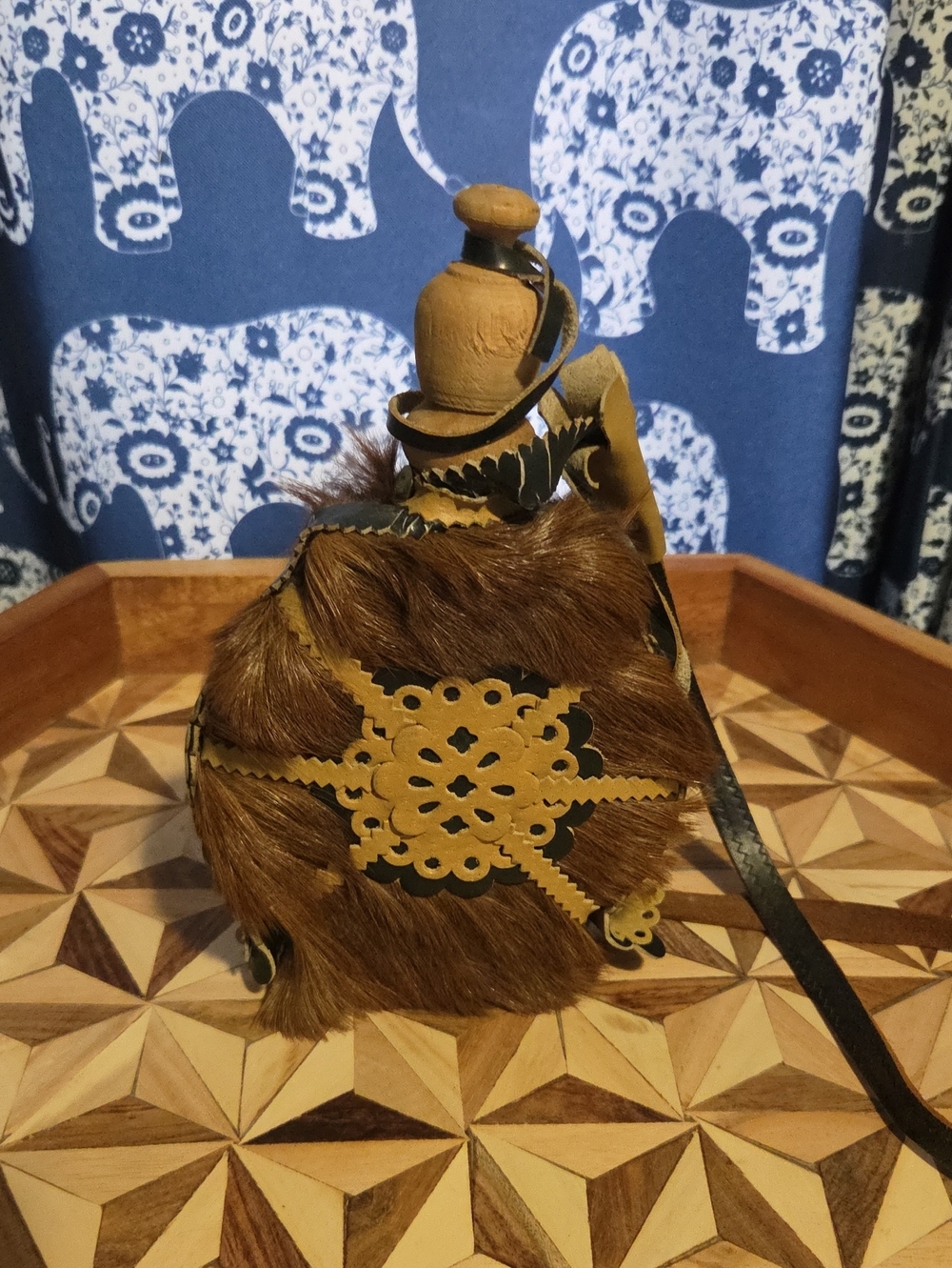 Handcrafted Brown Horse Hair Flask with Decorative Leather Trim